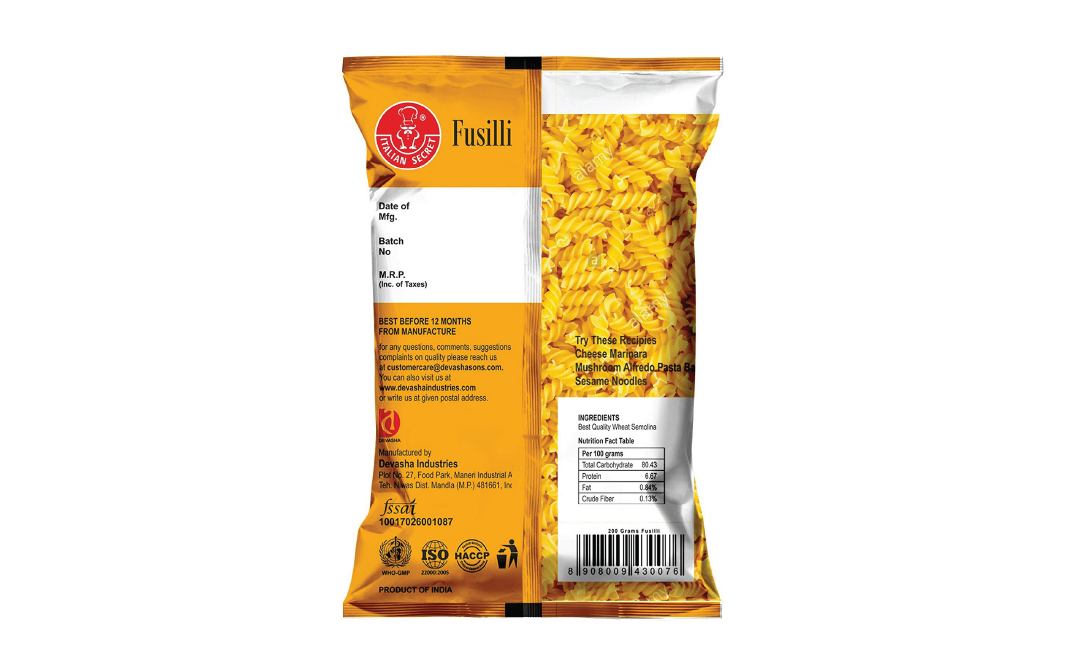 Italian Secret Deliziosa Pasta Italiana Fusilli   Pack  200 grams